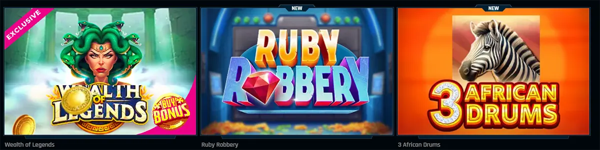 Online casino slot game thumbnails featuring Wealth of Legends, Ruby Robbery, and 3 African Drums displayed in a colorful casino game lobby interface.