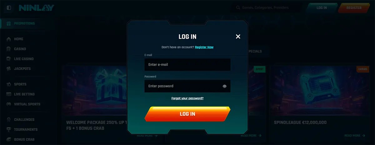 Online casino login popup with email and password fields, a password recovery link, a large orange “Log In” button, and a registration link displayed on a dark casino interface.