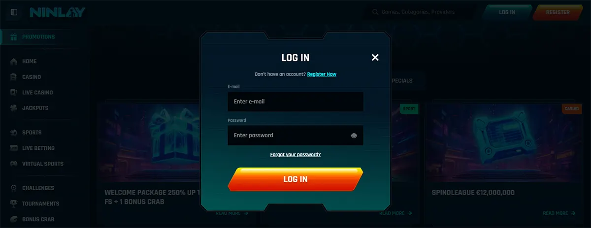 Online casino login popup with email and password fields, a password recovery link, a large orange “Log In” button, and a registration link displayed on a dark casino interface.
